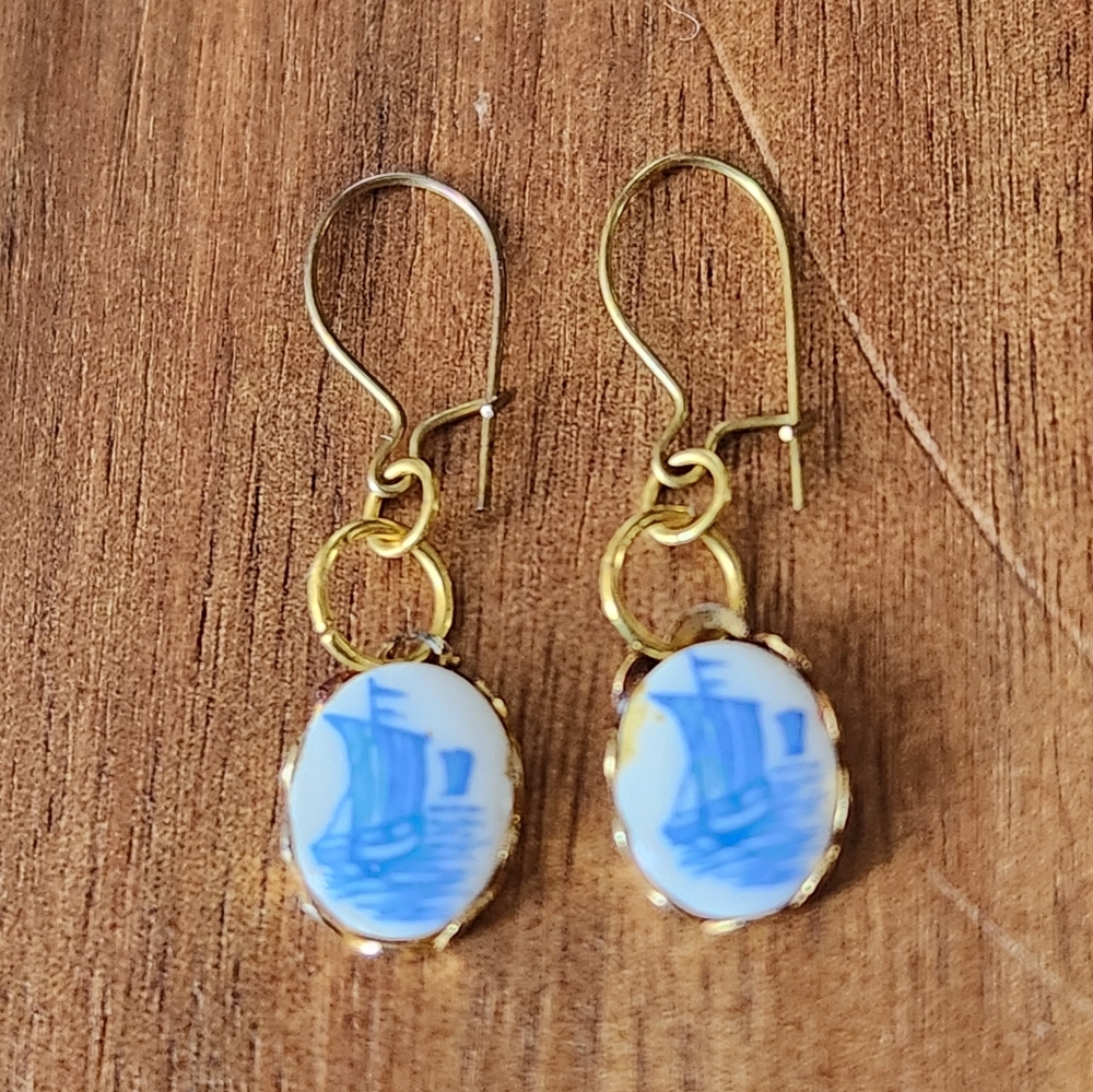 Vintage Porcelain Ship Earrings